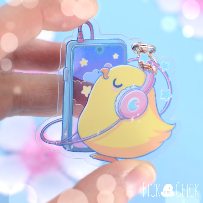 Chick kawaii acrylic keychain with phone and headphones. Lofi pastel vibes with translucent sky image 3