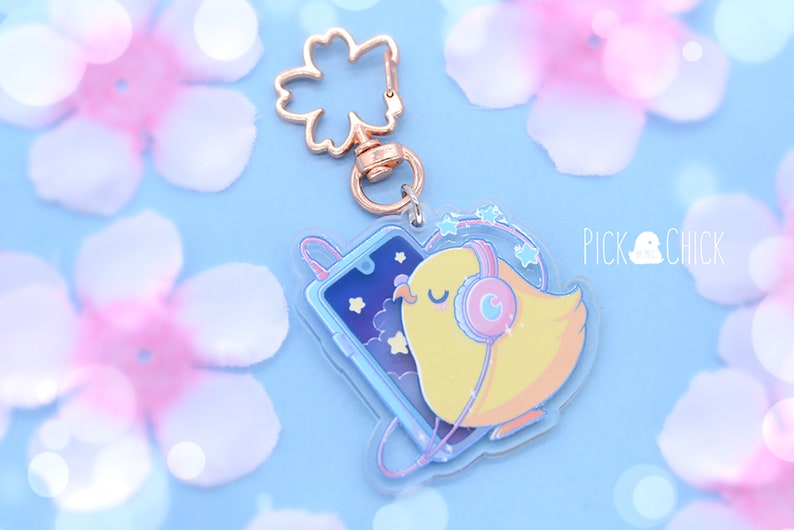 Chick kawaii acrylic keychain with phone and headphones. Lofi pastel vibes with translucent sky image 1