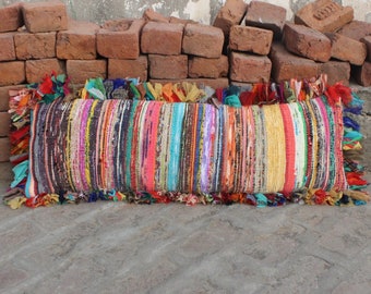 Boho Lumbar Pillow Cover: Colorful Recycled Sari Fabric, Farmhouse Decor