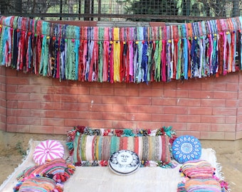 Boho Pom Pom Window Valance: Recycled Sari Fabric Rag Garland