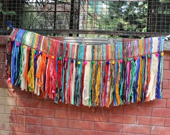Recycled Sari Door Hanging: Boho Pom Pom Window Valance