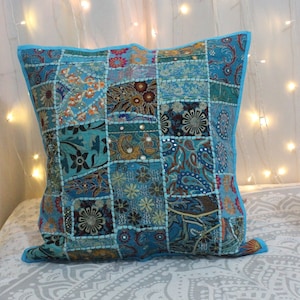 Blue Bohemian Boho Pillow Cover Ethnic Pillow Patchwork Pillow Decorative Throw Pillow Accent Pillow Vintage Indian Embroidered Boho Pillow