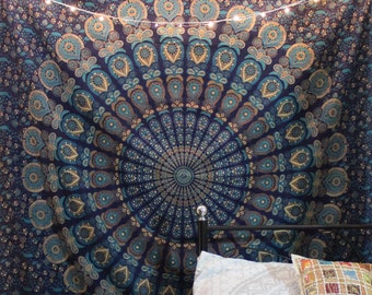 Indian BlueDiya Ombre Mandala Tapestry Bohemian Twin Cotton Bedsheet Throw Decor
