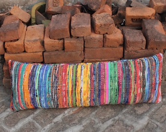 Colorful Boho Lumbar Pillow Cover: Recycled Sari Fabric, Handwoven