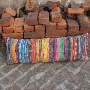 Colorful Boho Lumbar Pillow Cover Indian Pillow Bohemian Lumbar Pillow Rectangular Decorative Pillow Chindi Rug Pillow Farmhouse Hand Woven