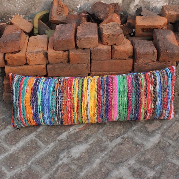 Colorful Lumbar Boho Pillow Cover Indian Pillow Bohemian Lumbar Pillow Rectangular Decorative Pillow Chindi Rug Pillow Farmhouse Hand Woven