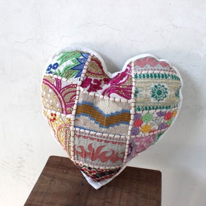 White Heart Pillow Filled Mother Day Gift Heart Cushion Decorative Love Pillow Embroidered Pillow Vintage Patchwork Pillow Boho Pillow