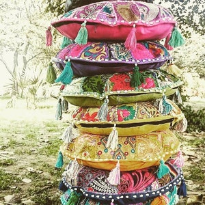 17 in Round Meditation Cushion Meditation Pillow Floor Pillow Decorative Pillow Cover Round Patchwork Embroidered Bohemian Pillow Cover