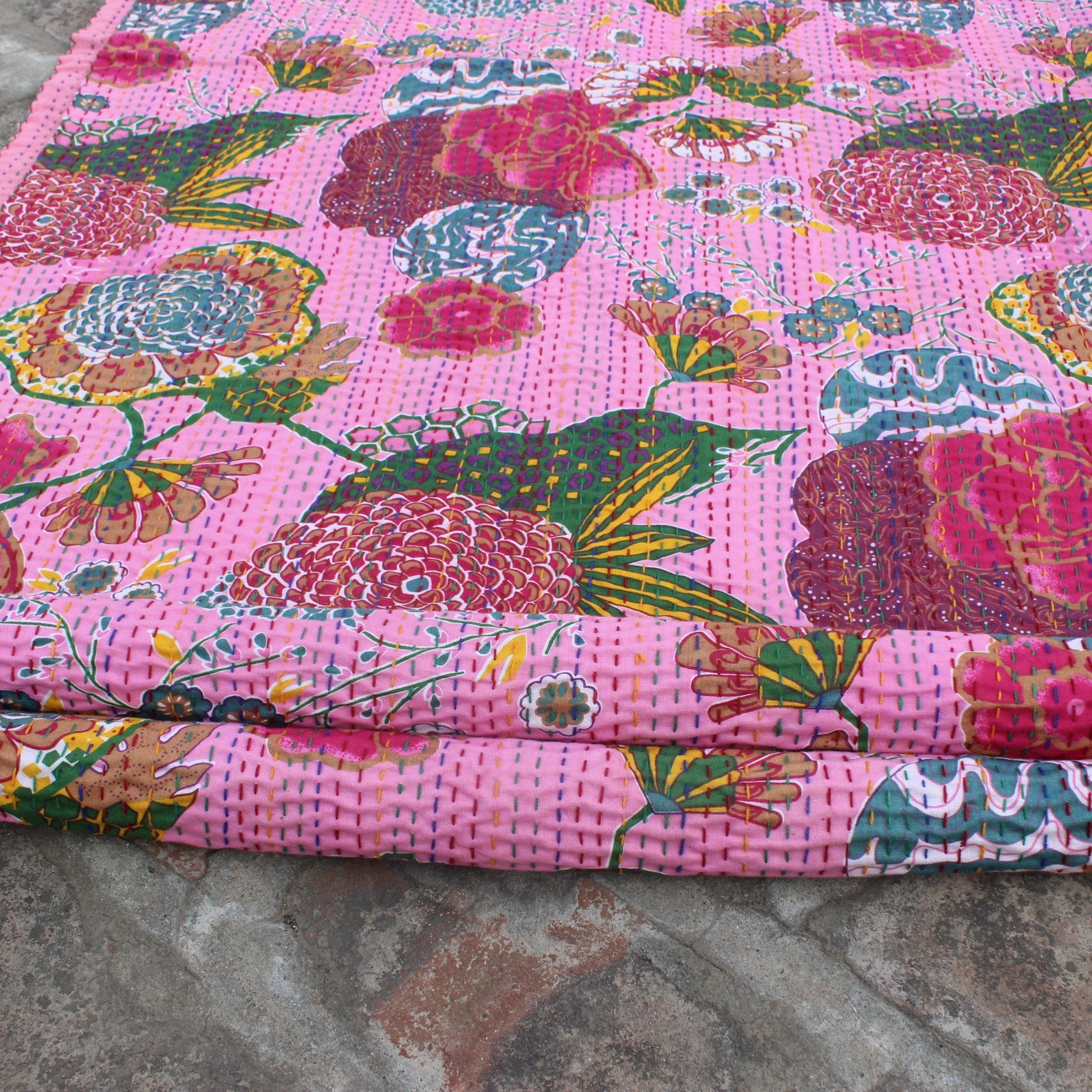 Baby Pink kantha Quilts Indian quilts handmade Kantha Quilt Etsy