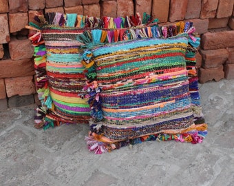 Colorful Rag Rug Pillow Cover: Bohemian Sari Fabric, Fringed Accent