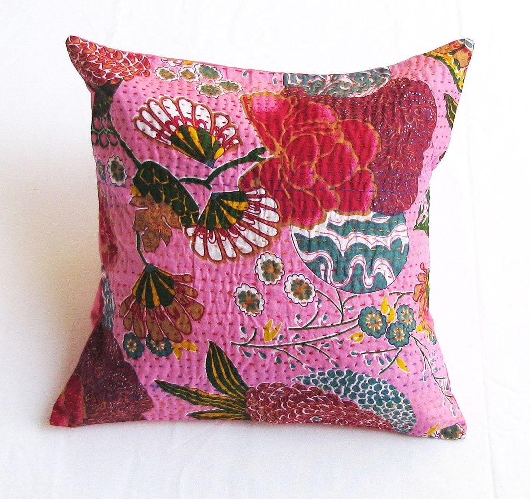 16 in Pink Boho Pillow Floral Pillow Kantha Pillow Indian Etsy