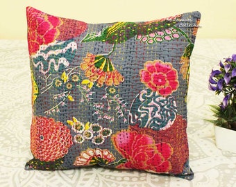 Floral Gris Boho kantha Housse d’oreiller Brodé Oreiller Boho Oreiller Ethnique Ferme Oreiller Fait à la main Décoratif Jeter Oreiller