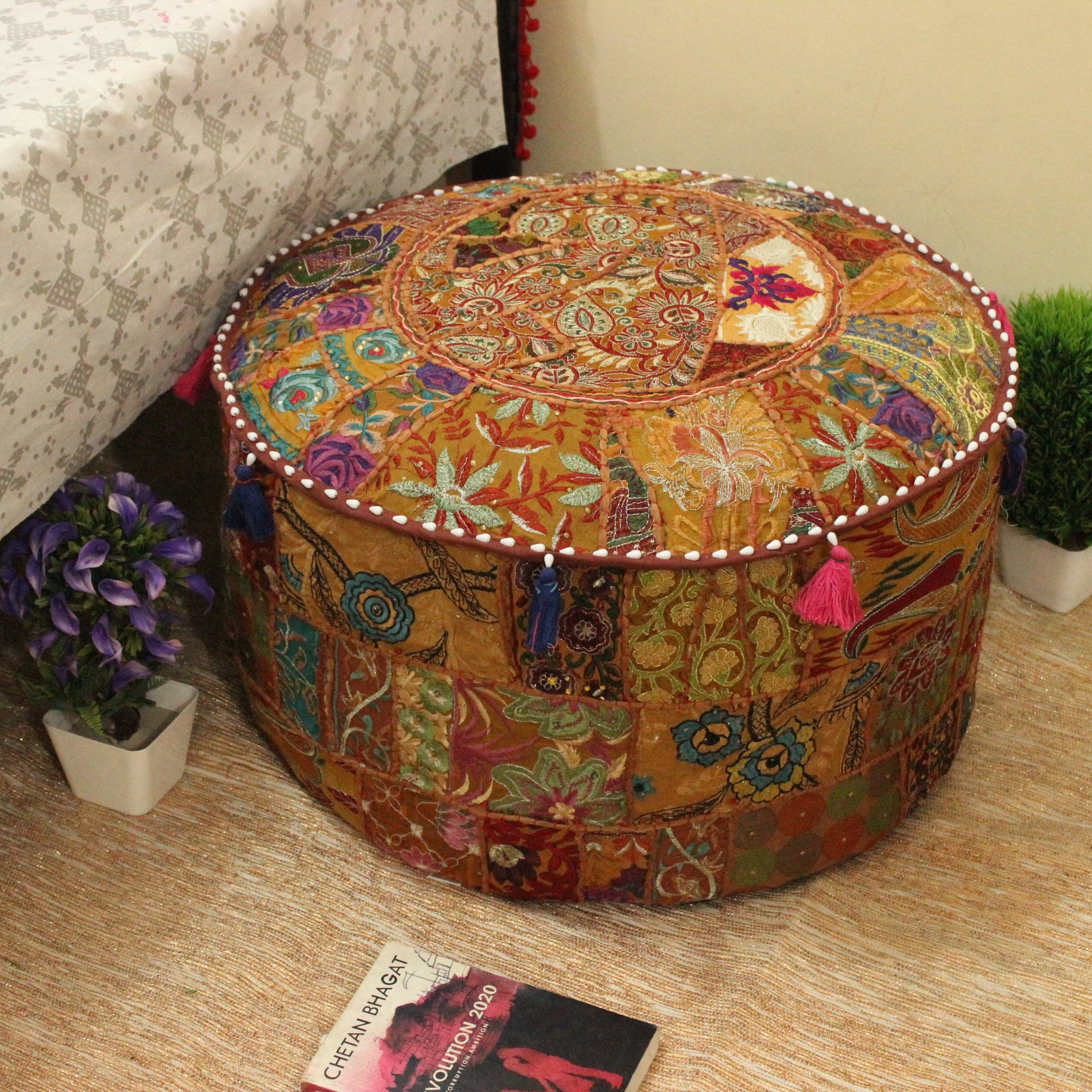 MOCOFO Unstuffed Round Pouf Covers Boho Colorful Geometric Ottoman Pouf  Cover with Handle Design,Decoration Footstool for Living Room,Bedroom,Patio