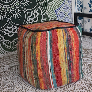 Rainbow Sari Pouf Cover: Bohemian Recycled Fabric Ottoman