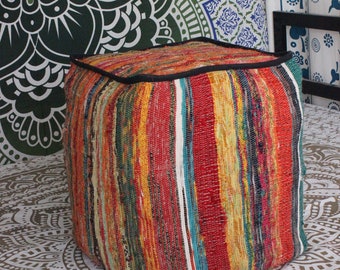 Rainbow Sari Pouf Cover: Bohemian Recycled Fabric Ottoman