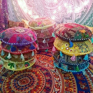 Boho Meditation Pillow Cushion Cover Round Meditation Floor Pillow Boho Floor Cushion Embroidered Bohemian Decorative Patchwork Pillow