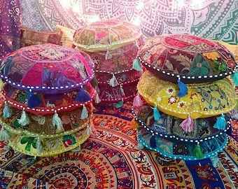 Boho Patchwork Meditation Pillow Cover: Embroidered Bohemian Floor Cushion