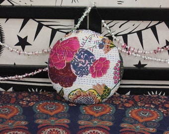 Handmade Kantha Pillow Cover: White Embroidered Floral Cushion