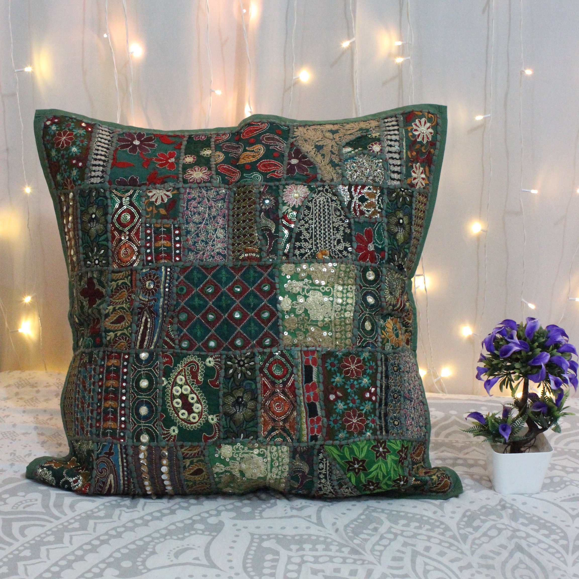 Green Bohemian Pillow Cover Decorative throw pillow Vintage Etsy