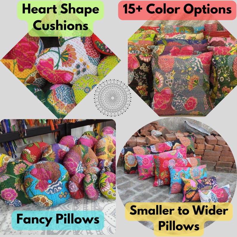 Floral Kantha Pillow Cover: Gray Bohemian Embroidered Throw Pillow image 8