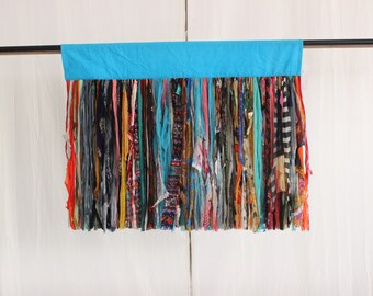 Turquoise Boho Rag Curtain: Recycled Sari Fabric Window Valance