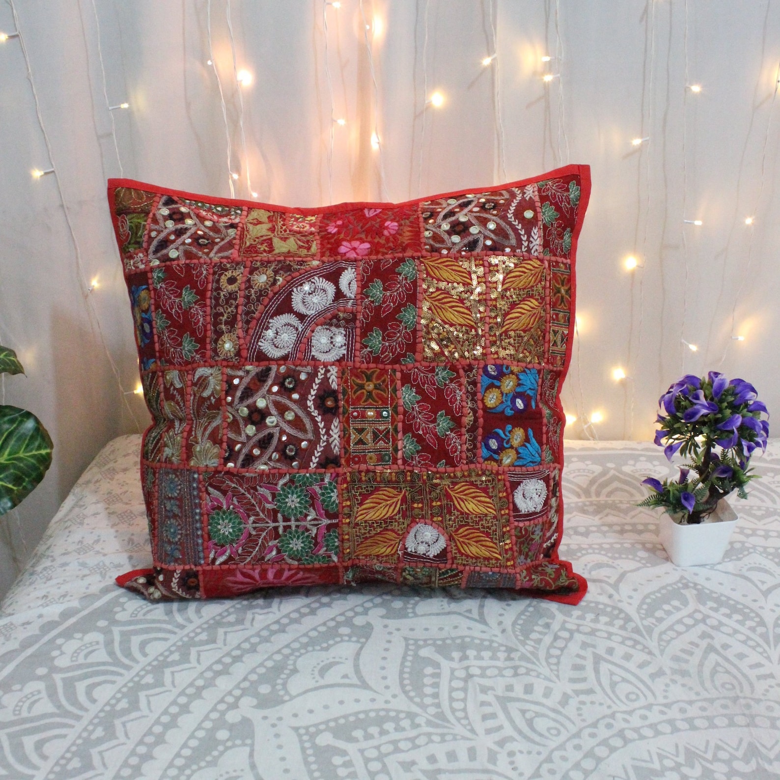 Red Decorative Boho Throw Pillow Vintage Throw Pillow Accent Etsy