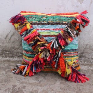 Multicolor Fringe Square Bohemian Hippie Art Decor Cushion Cover Decorative Pillow Recycled Fabric Sari Pillow Cover Bohemian Gift For Her