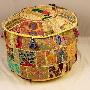 Ottoman Pouf Stuffed Modern Yellow Embroidered Pouf cover Boho Ottoman Decor Handmade pouf stool Large and Round Floor Cushions