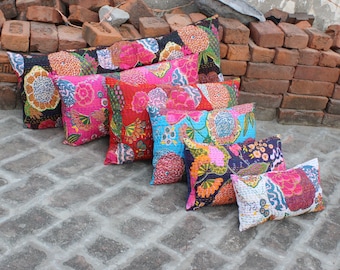Handmade Kantha Pillow Cover: Floral Embroidered Boho Throw Pillow