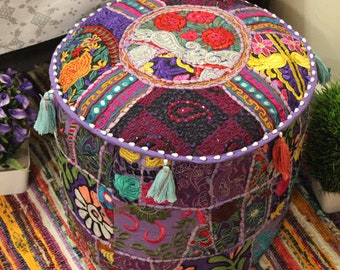 Indian Pouf Bohemian Ottoman Patchwork Purple Pouffes Vintage Indian Pouffe Bean Bag Ethnic Pouffe Bean Bag Cover Floor Cushions Foot Stool