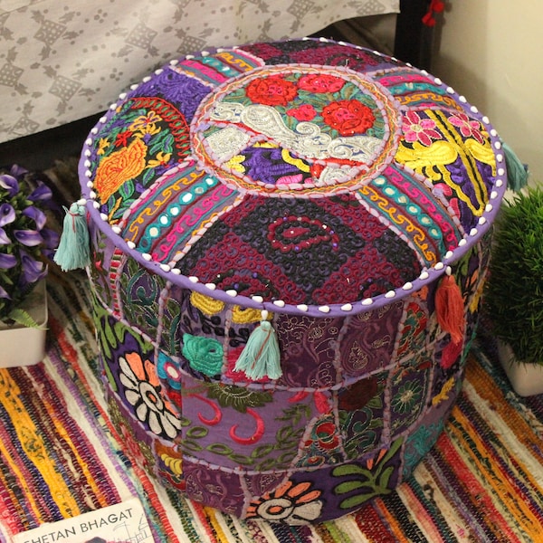 Indian Pouf Bohemian Ottoman Patchwork Purple Pouffes Vintage Indian Pouffe Bean Bag Ethnic Pouffe Bean Bag Cover Floor Cushions Foot Stool