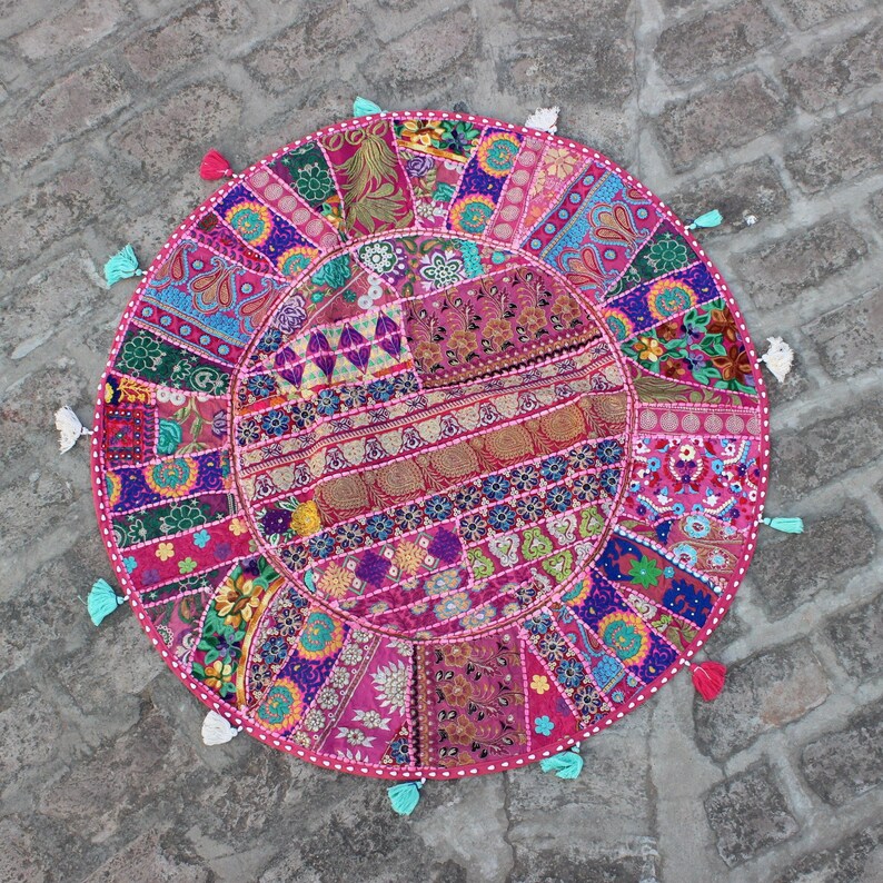 Large Pink Boho Floor Pillow cover Indian bean bag Bohemian Round seating pouf patchwork boho Pillow meditation cushion Pet bed XL dog bed