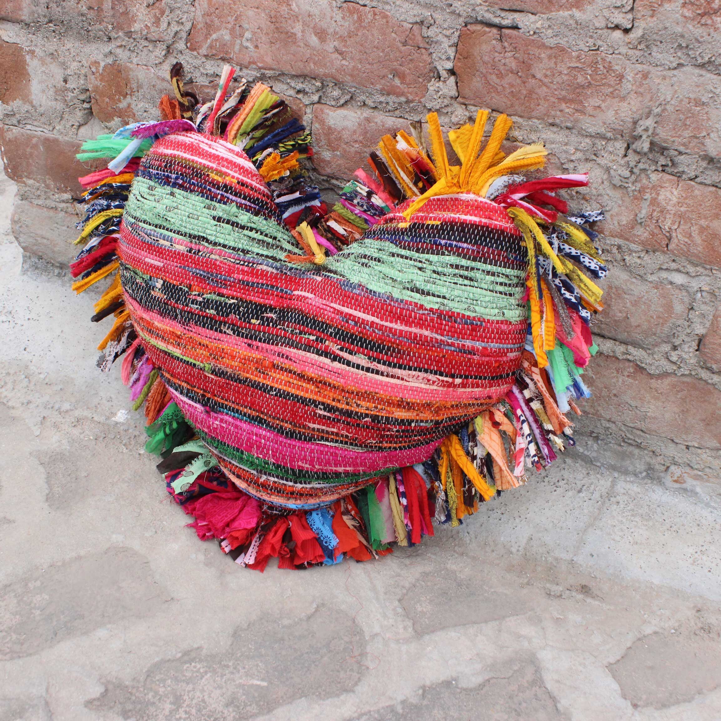 Boho Heart Pillow: Indian Rag Rug Decorative Pillow with Fringes