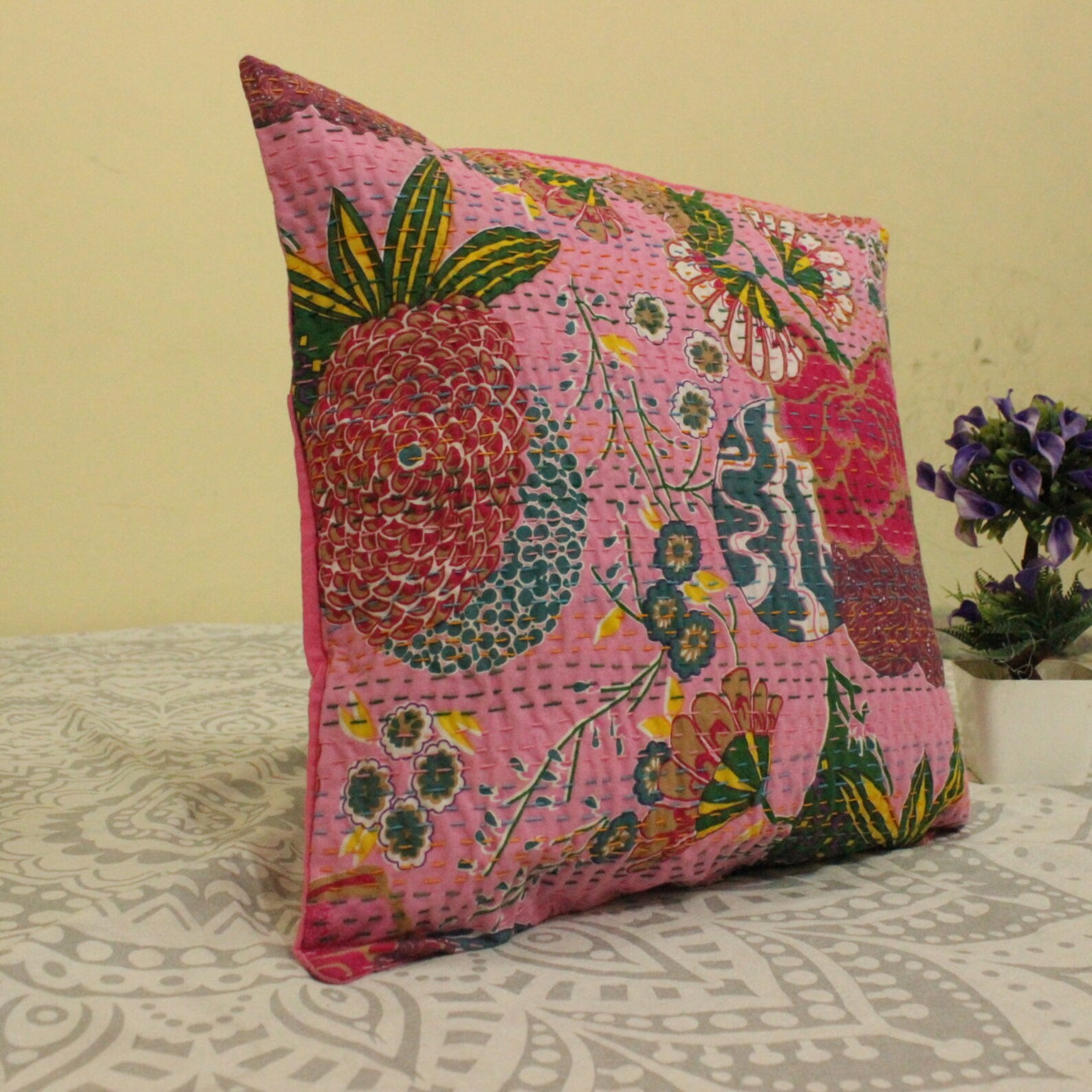 16 in Pink Boho Pillow Floral Pillow Kantha Pillow Indian Etsy