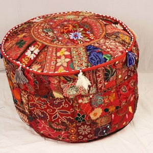 Red Bohemian Ottoman Indian Pouf Footstool Chair Bean Bag Stool Vintage Patchwork Living Room Ottoman Cover Hassock Bench Furniture Pouffe