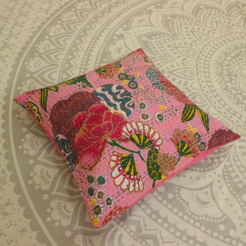 16 in Pink Boho Pillow Floral Pillow Kantha Pillow Indian Etsy