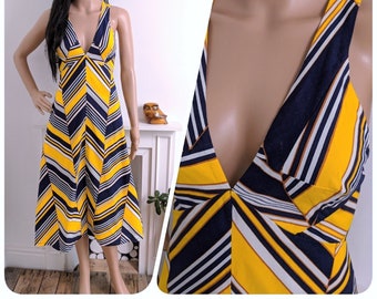 Vintage 70s Navy Yellow Cotton Chevron Stripe A line Sun Dress Boho Midi / UK 8 / EU 36 / US 4