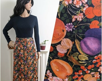 Vintage 70s Maxton Novedad Fruta Estampado Ciruelas Albaricoque Melocotones Falda 8 36 / UK 8 / EU 36