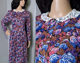 Vintage 80s Floral Botanical Meadow Crochet Collar Prairie Tea Dress 20s 30s 10 12 38 / UK 10 12 / EU 38 40 / US 6 8