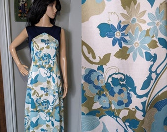 Vintage 60s 70s Blue Green Psychedelic Floral Flower Power Maxi Dress 10 38 / UK 10 / EU 38 / US 6