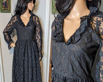 Vintage 70s Kitty Copeland negro encaje floral volante maxi pradera vestido Boho 8 36 / Reino Unido 8 / UE 36 / EE.UU. 4