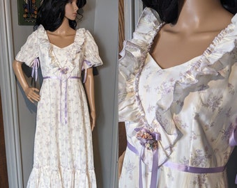 Vintage 70er 80er Pronuptia Lila Streifen Blumen Prärie Hochzeitskleid Boho 8 10 36 // UK 8 10 // EU 36 38 // US 4 6