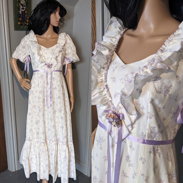 Vintage 70s 80s Pronuptia Lilac Stripe Floral Prairie Wedding Dress Boho 8 10 36  // UK 8 10  // EU 36 38 // US 4 6