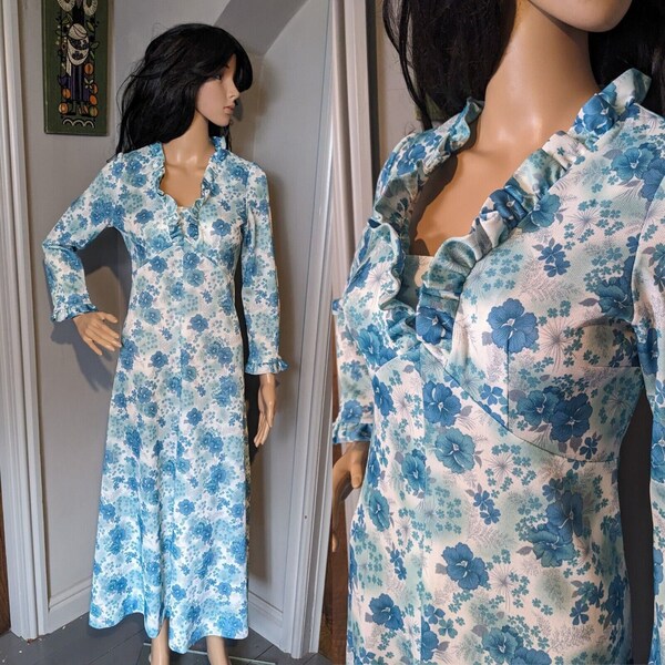 Vintage 60s 70s Blue Daisy Floral Flower Power Frill Maxi Dress 10 38/ UK 10 / EU 38 / US 6