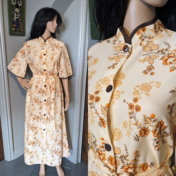 Vintage 70s Floral Peach Maxi Dressing Gown Kimono Robe 8 10 12 38  / UK 8 10 12 / EU 36 38 40  / US 4 6 8