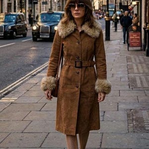 May include: A person wearing a brown suede coat with a fur collar and cuffs walks along a London street. The coat is belted at the waist and has large buttons. Sunglasses, fishnet stockings, and platform sandals complete the look. Black cabs are visible in the background.