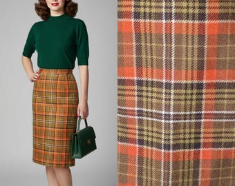 Falda vintage de tweed de pura lana a cuadros color caqui y naranja hasta la rodilla, estilo preppy country, talla 10 38/ Reino Unido 10 / UE 38 / EE. UU. 6