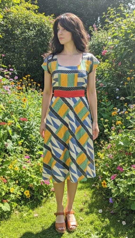 a line skater dress Vintage 70s Cotton Patchwork Sash Tie A Line Printed Skater Dress / UK 10  12 / EU 38 40 / US 6 8
