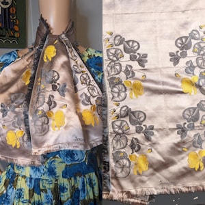 Vintage Jacqmar 50s 40s Silk Satin Embroidered Champagne Floral Scarf Long Fringe 45"