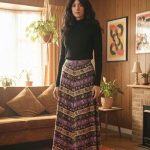 Falda larga midi vintage Samuel Sherman de jersey con estampado floral y frutas de los años 70, talla S 6 8 34 / Reino Unido 6 8 / UE 34 36 / EE. UU. 2 4 imagen 1